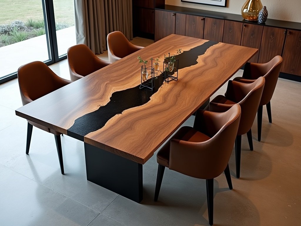 Langer Esstisch nach Mass aus Massivholz mit Naturkante und Lederstühlen in offener Wohnküche