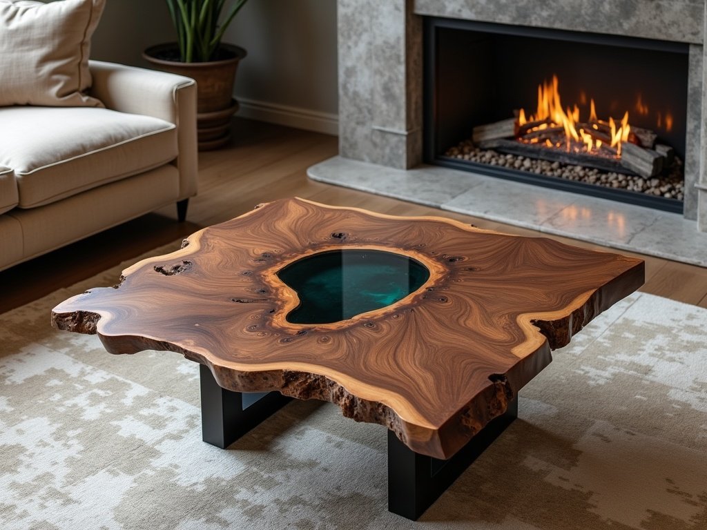 Couchtisch aus Massivholz mit blauer Resin-Einfassung vor einem Cheminée